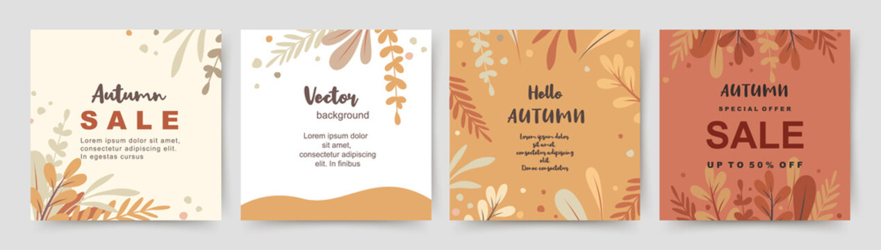 Autumn square backgrounds with simple leaves. Season sale social media post. Fall vector illustration for mobile apps, banner design, card, invitation, poster and web ads