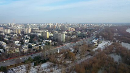 Canvas Print - Saska Kepa area of Warsaw and Vistula River, Poland, 4k