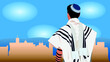 Jewish man contemplating the city of Jerusalem with talit, kippah and tefillin.