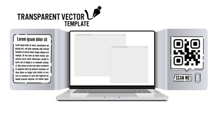 Vector laptop with a blank screen and a leaflet with bent ends and a place for a description for a mobile application or an online store website - template with a link in the form of qr code