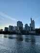 Skyline of Downtown Frankfurt. Skyscrapers and high rise buildings at business and financial district. Main river in front. Frankfurt am Main, Hesse, Germany