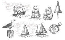 Sailing Ship Sketch. Nautical Hand Drawn Vector Set