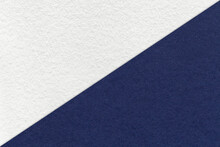 Texture Of Craft White And Navy Blue Paper Background, Half Two Colors. Structure Of Vintage Kraft Denim Cardboard.