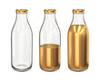 Set of glass bottles empty, half and full of golden liquid, 3d render