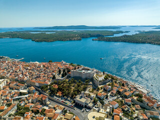 Wall Mural - Croatia - Amazing Sibenik the historical city in heart of Dalmacia from drone view