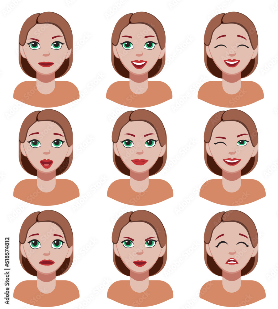 Emotions girl. Face expressions. Different female emotions, set. Attractive cartoon character. Vector illustration isolated on white background.
