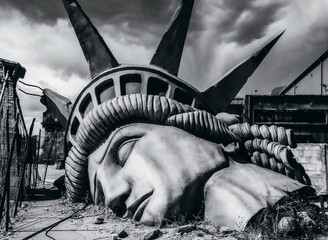 The iconic image of the statue of liberty destroyed - The end of the world - Apocalyptic vision of the future world - Disaster concept for climate change, global war, terrorism or alien attack