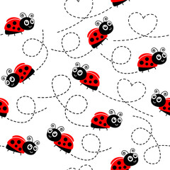 Poster - Ladybugs flying on dotted route. Cute ladybug set seamless pattern. Cartoon ladybirds with open wings. Vector isolated on white background.