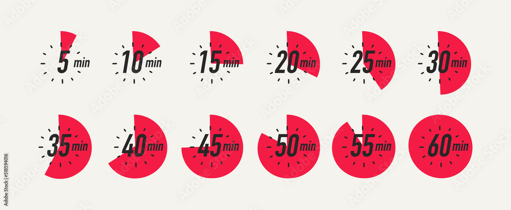 Timer 1 Label Timer simbol vector set isolated on white background. Clock, stopwatch ...