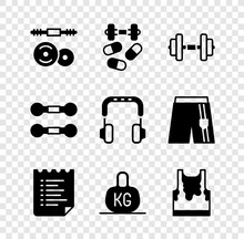 Set Barbell, Sports Doping With Dumbbell, Dumbbell, Training Program, Weight, Sweaty Sleeveless T-shirt, And Headphones Icon. Vector