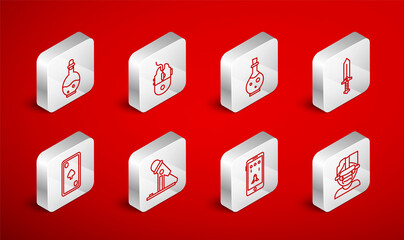 Poster - Set line Virtual reality glasses, Computer mouse gaming, Bottle with magic elixir, Sword for game, Mobile and playing, Microphone and Playing card diamonds icon. Vector