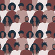 Seamless background with black men and black women. There are silhouettes of different people. Diverse group of people. Pattern with people icons. Crowd. Vector illustration.