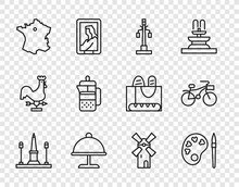 Set Line Place De La Concorde, Paint Brush With Palette, Street Light, Covered Tray, Map Of France, French Press, Windmill And Bicycle Icon. Vector