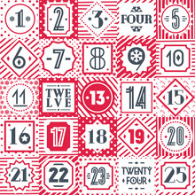 Christmas Countdown Printable Tags Collection Red Color Cute Style Different Background Consisting Of Christmas Tree, Snowflake, Star, Candy, Checkered Background, Circle. Vector 10 Eps