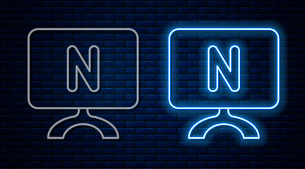 Poster - Glowing neon line Smart Tv icon isolated on brick wall background. Television sign. Vector