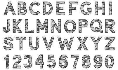 Grey Camouflage Patterned Alphabet Letters and Numbers Graphic Set