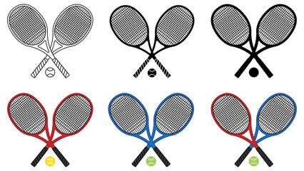 Wall Mural - Crossed Tennis Racket and Ball Clipart Set - Outline, Silhouette and Color	
