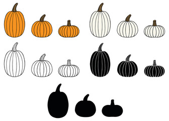 Wall Mural - Orange and White Pumpkin Clipart Set - Outline, Silhouette and Color