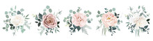 Blush Pink Rose, Ranunculus, Camellia, Ivory Magnolia Flowers, Eucalyptus, Fern Vector Design Bouquets