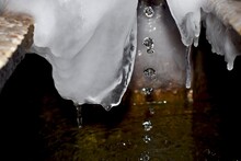 Close Up Of Water Droplets Falling From An Outdoor Fountain In Frozen Surroundings