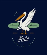 Pelican Surfer. Pelican Holding A Surfboard And Waving Wing. Vintage Typography Silkscreen Surfing T-shirt Print Vector Illustration.