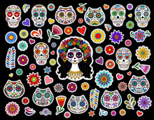 Day Of The Dead Stickers. Dia De Los Muertos. Day Of The Dead, Mexican Halloween Stickers. Calavera Catrina. Day Of The Dead Sugar Skull Isolated. Dia De Los Muertos Skulls Sticker. Mexican Tradition 