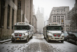 Fototapeta Nowy Jork - Unidades de traslado de penitenciaria de la ciudad de nueva york en tarde nevada de invierno.