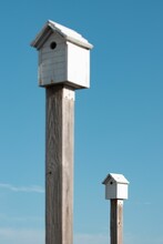 Vertical Shot Of Two Birdhouses Against The Clear Sky