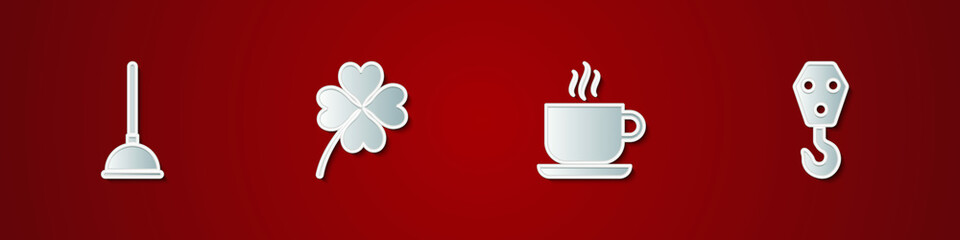 Sticker - Set Rubber plunger, Four leaf clover, Coffee cup and Industrial hook icon. Vector