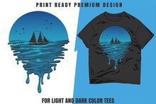 Sailboat In Melted Ocean Vector Illustration For T-shirt Prints And Other Uses.