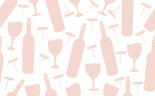 Wine Seamless Pattern. Background With Pik Pastel  Bottles, Glasses And Corkscrew. Vector Illustration.