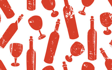 Wall Mural - Wine Seamless Pattern. Background with red grunge Bottles and Glasses. Vector illustration.