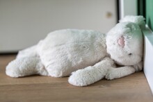 White Stuffed Toy Lying On A Wooden Floor