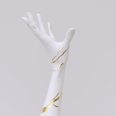 Wall Mural - White and gold painted hand support gesture, female arm 3d rendering