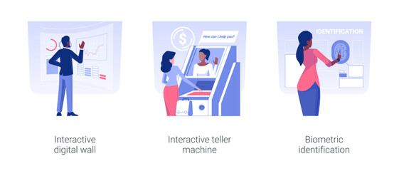 Wall Mural - banking technologies isolated concept vector illustration set. interactive digital wall, teller mach
