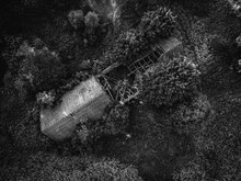 Aerial Shot Of An Old Demolished Barn In A Forest Surrounded By Trees In Grayscale