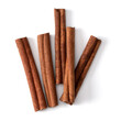 Cinnamon sticks isolated over white background closeup. Canella spice. Aromatic condiment background. Flat lay, top view..