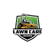 Logo design with orange lawn mower on green background