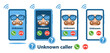 Unknown number mobile phone call, incoming anonymous caller on smartphone screen icon. Unfamiliar incognito person ringing. Stranger identification. Fake mask with glasses, mustache. Anonymity. Vector