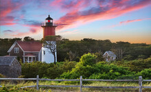 Nauset Lighthouse At Eastham, Cape Cod In New England With Red Stripe