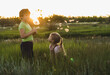 Two children boy and girl, brother and sister, walk, have fun blowing on dandelions in a field in nature at sunset in summer