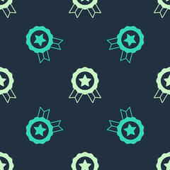 Sticker - Green and beige Medal icon isolated seamless pattern on blue background. Winner symbol. Vector