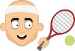 Vector illustration of the face of a cartoon bald man with a happy expression, with a tennis racket, ball and headband