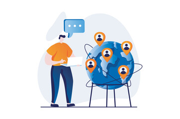 Aufkleber - Social network concept with people scene in flat cartoon design. Man communicates online with different people around world using chats, messengers and laptop. Vector illustration visual story for web