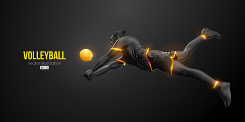 Abstract silhouette of a volleyball player on black background. Volleyball player man hits the ball. Vector illustration