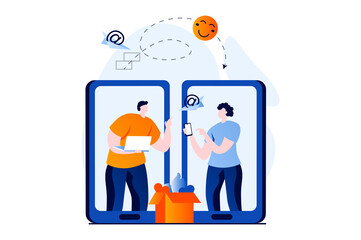 Aufkleber - Social network concept with people scene in flat cartoon design. Man and woman communicate online, send messages and gifts to each other using mobile apps. Vector illustration visual story for web