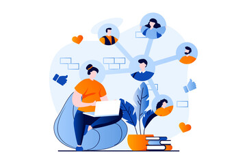 Aufkleber - Social network concept with people scene in flat cartoon design. Woman communicates with group of friends in social networks, likes and comments on posts. Vector illustration visual story for web