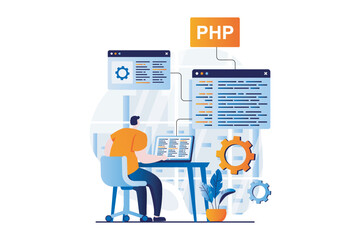 Software development concept with people scene in flat cartoon design. Man working with php language, coding at screens, programming and creates products. Vector illustration visual story for web