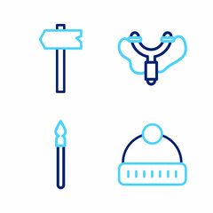 Wall Mural - Set line Winter hat, Medieval spear, Slingshot and Road traffic sign icon. Vector