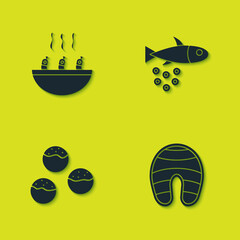 Poster - Set Soup with shrimps, Fish steak, Takoyaki and caviar icon. Vector